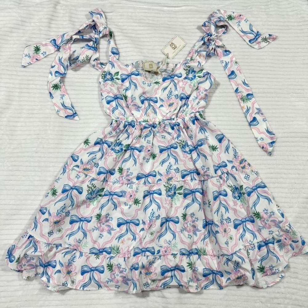 Simply Southern Bow Floral Tie Strap Mini Dress Size Medium Cottagecore Coquette